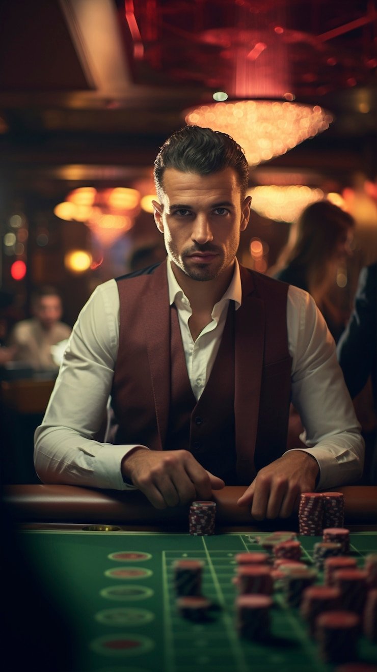 Area permainan casino modern dengan meja dan mesin slot bertema neon yang menarik perhatian